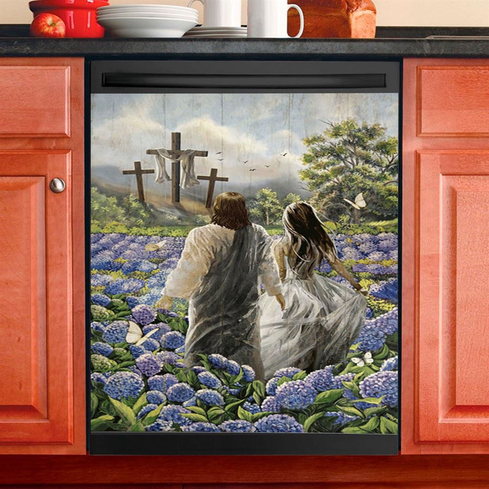 Pretty Girl Walking With Jesus In Purple Hydrangea Flower Field Dishwasher Cover, Inspirational Dishwasher Wrap, Christian Kitchen Decoration