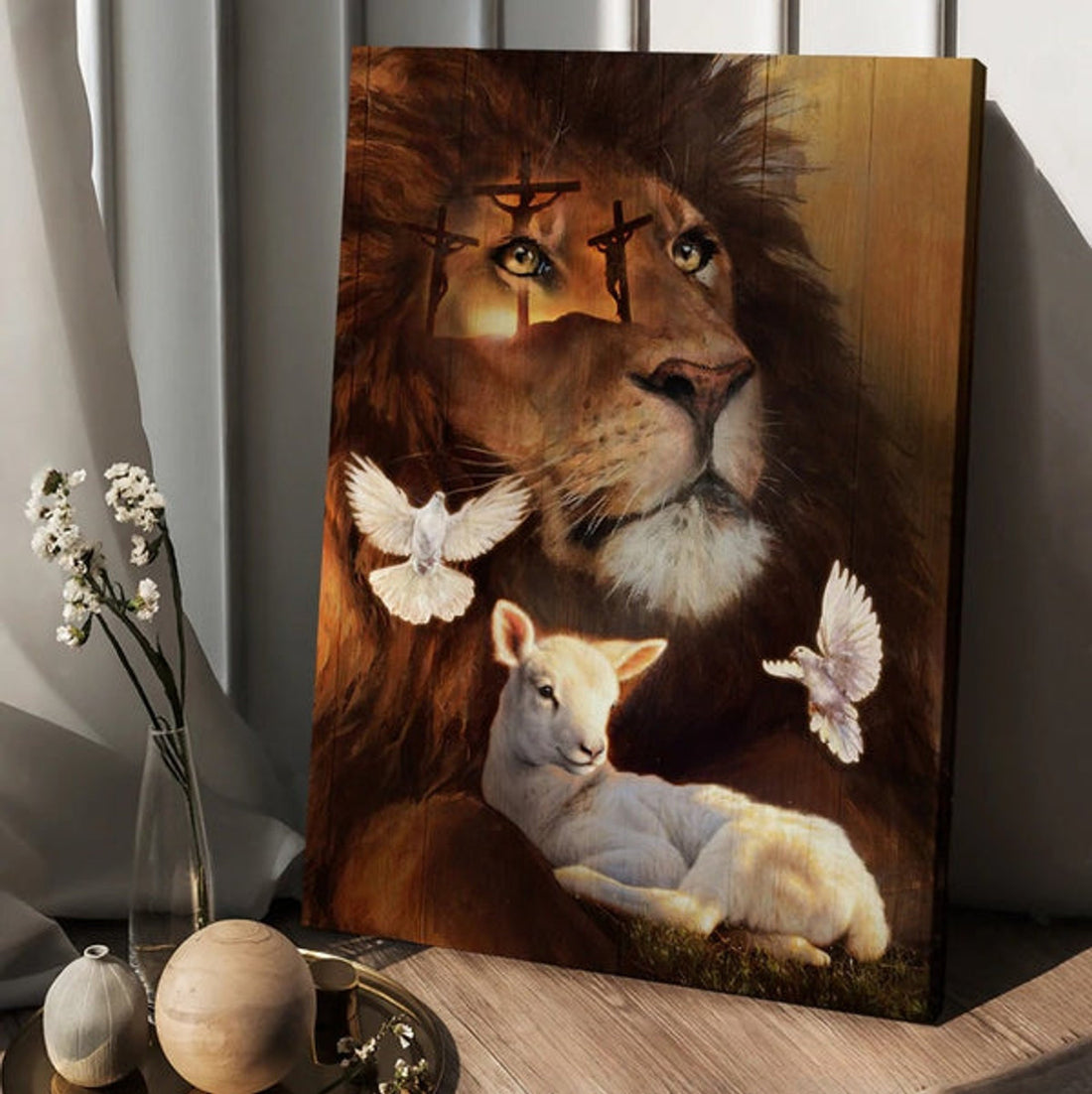 Pretty Lion Watercolor Lamb White Dove Cross Jesus Canvas Wall Art - Christian Wall Posters - Religious Wall Decor