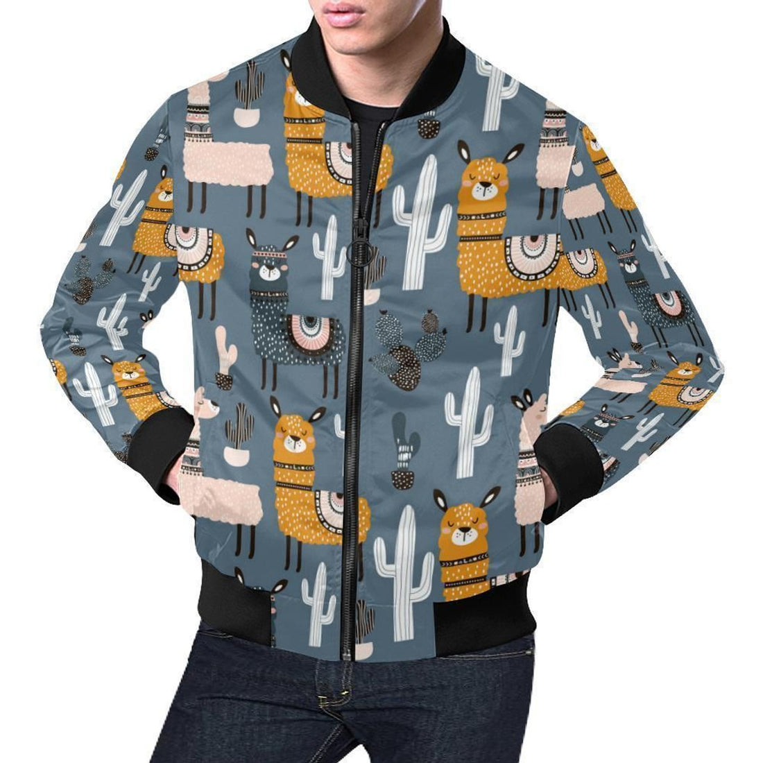 FUNSTUFFPRINT Print Pattern Llama Cactus Mens 3D Bomber Jacket