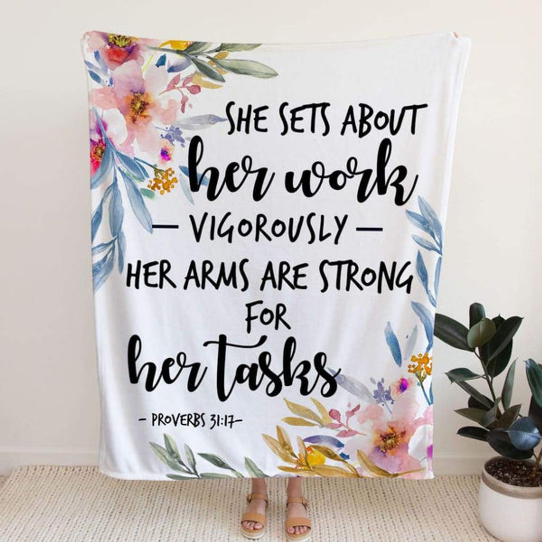 FUNSTUFFPRINT Proverbs 3117 She Sets About Her Work Vigorously Fleece Blanket - Christian Blanket - Bible Verse Blanket