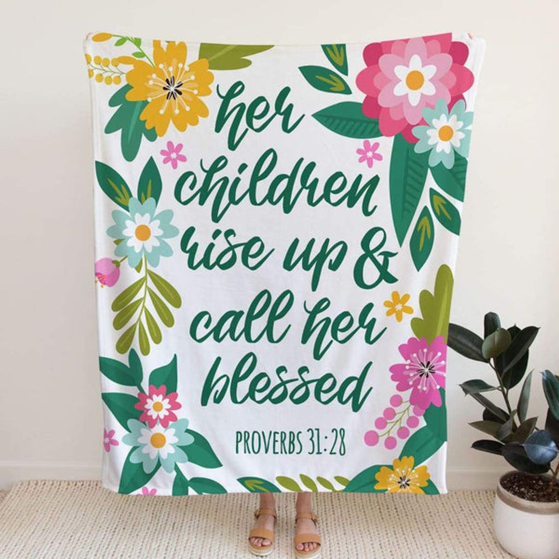 FUNSTUFFPRINT Proverbs 3128 Her Children Arise Up And Call Her Blessed Fleece Blanket - Christian Blanket - Bible Verse Blanket
