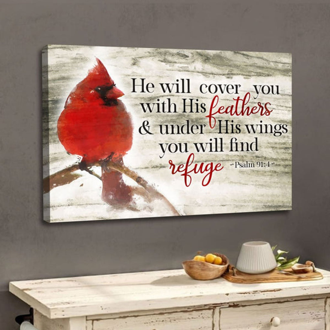 Psalm 914 He Will Cover You With His Feathers Wall Art Canvas, Cardinal Bird Christian Wall Decor - Religious Wall Decor