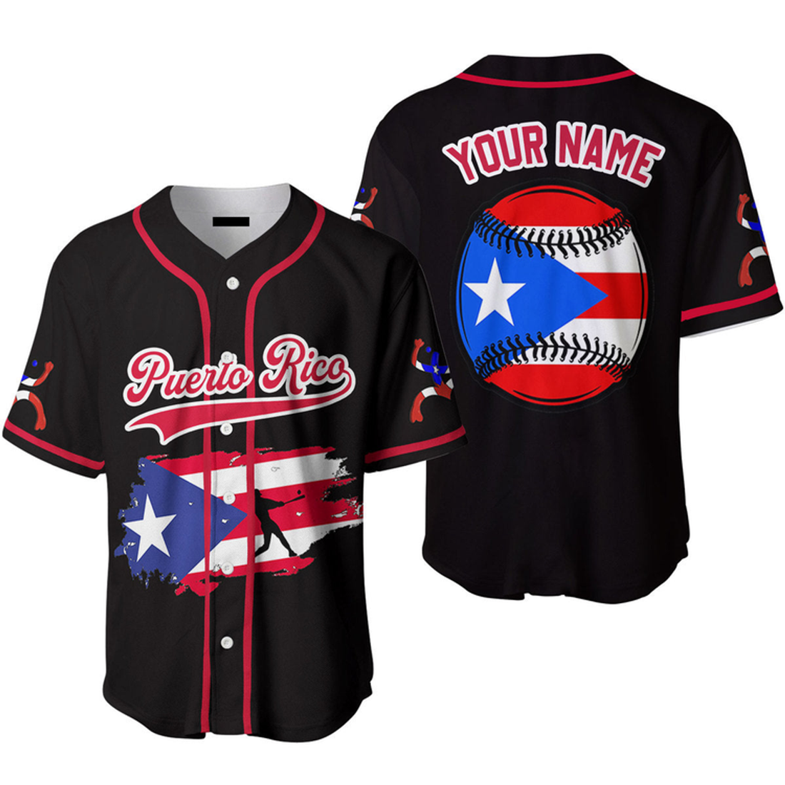 Custom Puerto Rico Baseball Black Red White, Custom Name Baseball Jerseys For Men
