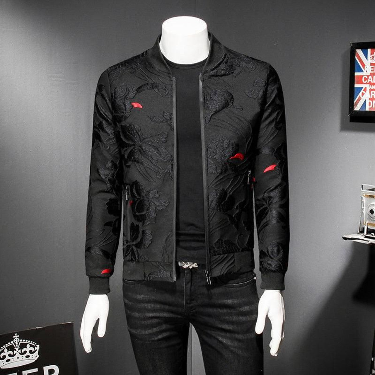 FUNSTUFFPRINT Puff Jacquard Black Men Slim 3D Bomber Jacket
