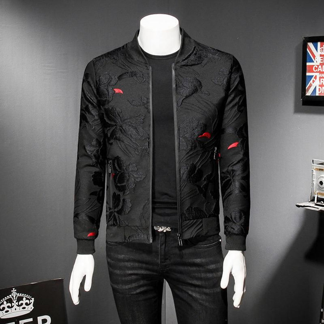 FUNSTUFFPRINT Puff Jacquard Black Men Slim 3D Bomber Jacket
