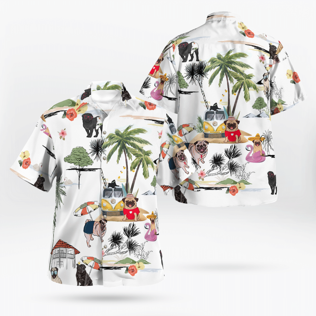 Pug On The Beach Unisex Hawaiian Shirt, Summer gift, Hawaiian Shirts for Men, Aloha Beach Shirt