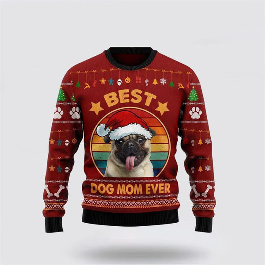 FUNSTUFFPRINT Pug Best Dog Mom Ever Ugly Christmas Sweater For Men And Women, Gift For Christmas, Best Winter Christmas Outfit Ugly Sweater