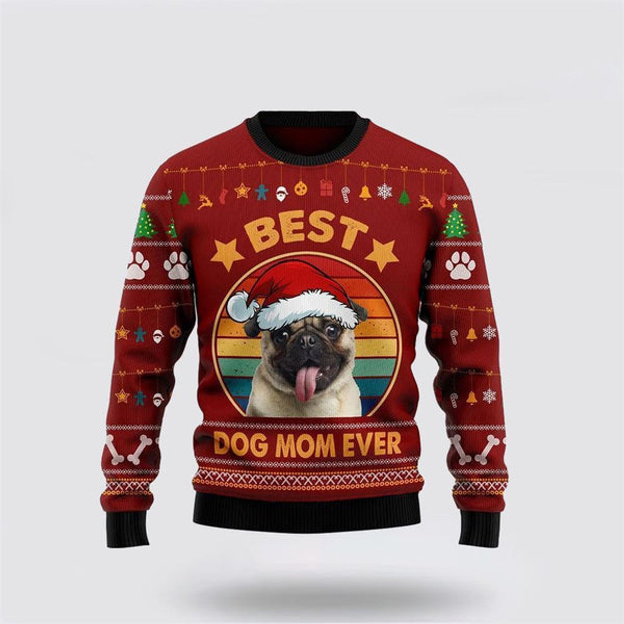 FUNSTUFFPRINT Pug Best Dog Mom Ever Ugly Christmas Sweater For Men And Women, Gift For Christmas, Best Winter Christmas Outfit Ugly Sweater