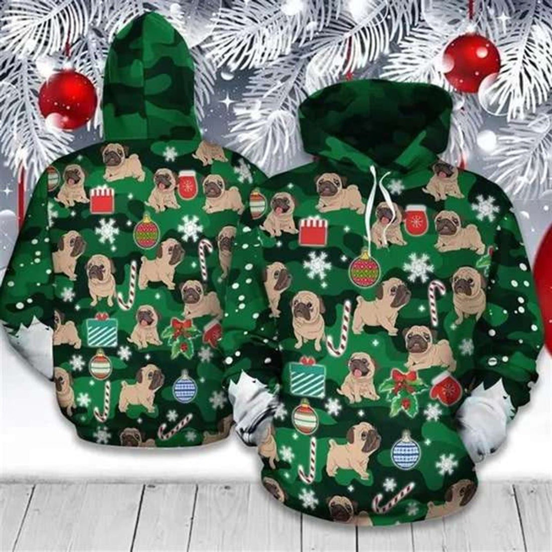 FUNSTUFFPRINT 3D Pug Christmas All Over 3D Hoodie and Zip Hoodie