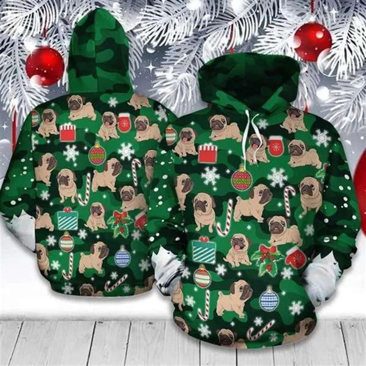 FUNSTUFFPRINT 3D Pug Christmas All Over 3D Hoodie and Zip Hoodie