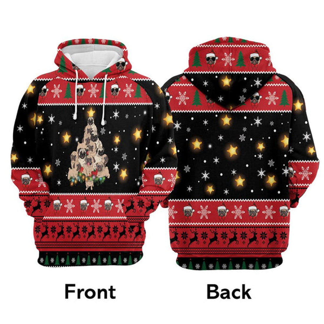 FUNSTUFFPRINT 3D Pug Christmas Tree All Over 3D Hoodie and Zip Hoodie