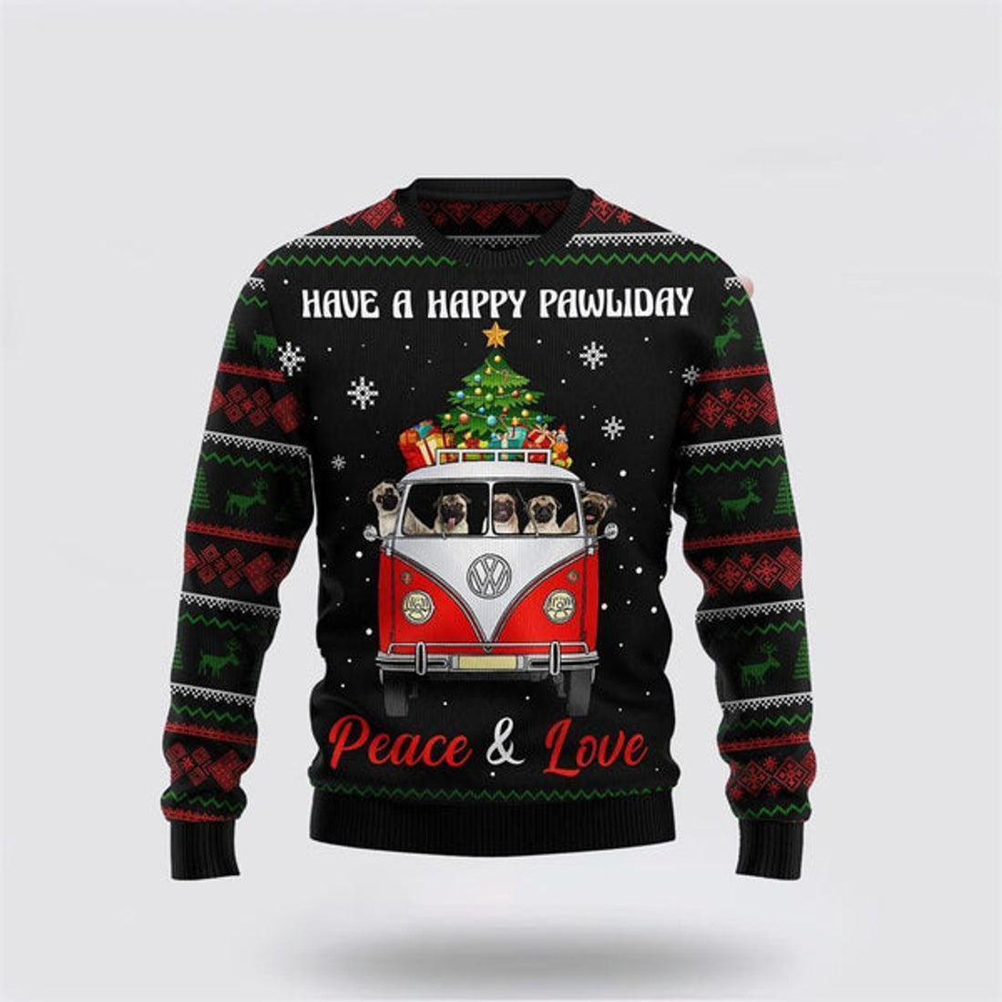 FUNSTUFFPRINT Pug Dogs Carrying Gift Christmas On The Red Car Ugly Christmas Sweater For Men And Women, Gift For Christmas, Best Winter Christmas Outfit Ugly Sweater