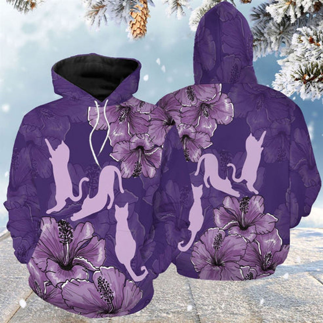 FUNSTUFFPRINT 3D Purple Hibiscus Cat All Over 3D Hoodie and Zip Hoodie