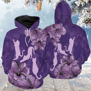 FUNSTUFFPRINT 3D Purple Hibiscus Cat All Over 3D Hoodie and Zip Hoodie
