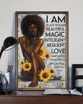 I Am Black Woman Beautiful Magic Intelligent Resilient Love Innovative Powerful Influential UnapoIogetic Girl Curly Hair Sunflower Poster and Canvas