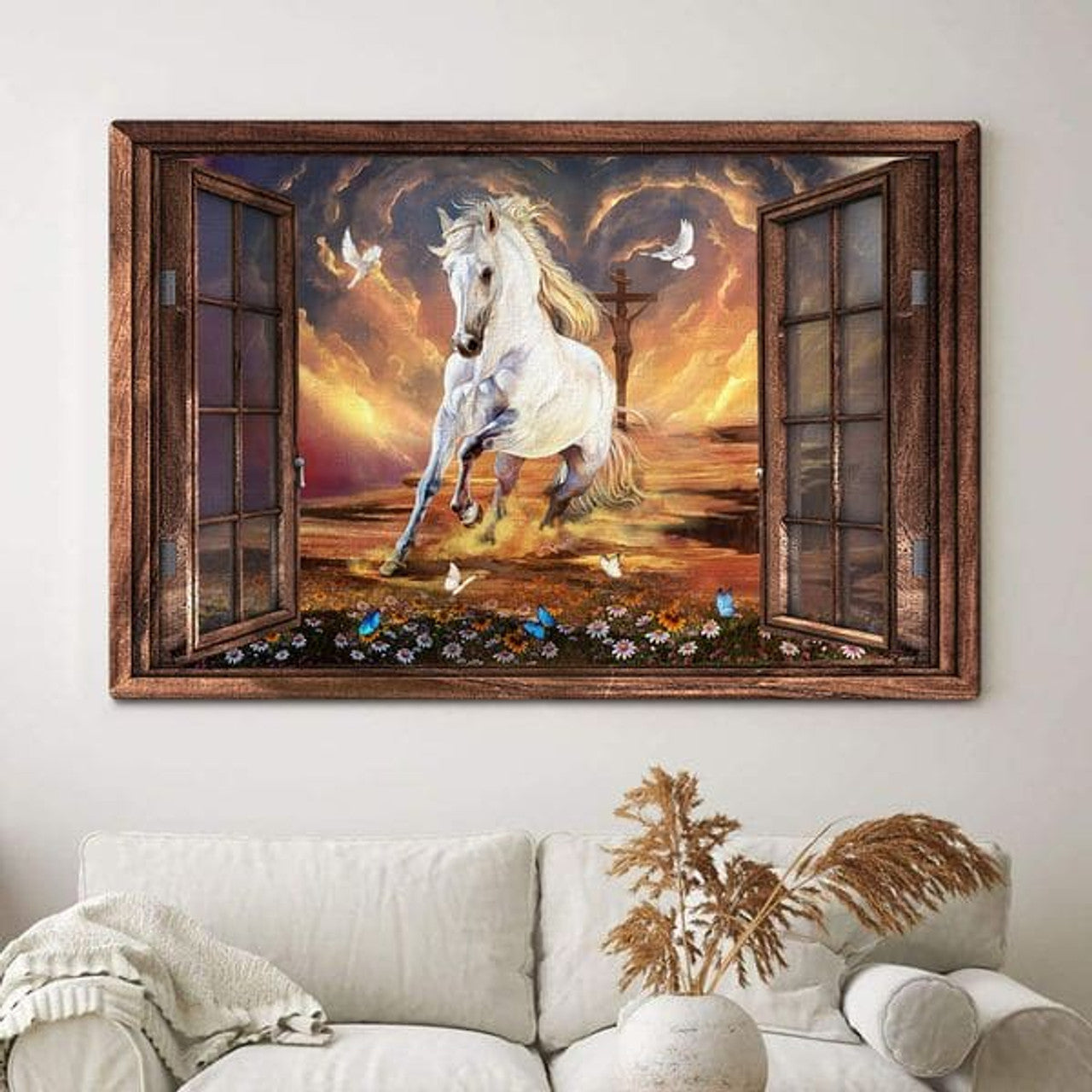 White Horse Through Wooden Window With Flowers Butterfly Jesus Cross Love Sky Poster and Canvas