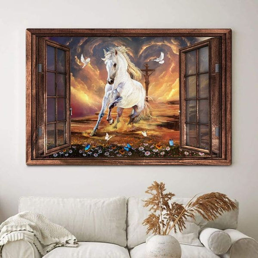 White Horse Through Wooden Window With Flowers Butterfly Jesus Cross Love Sky Poster and Canvas