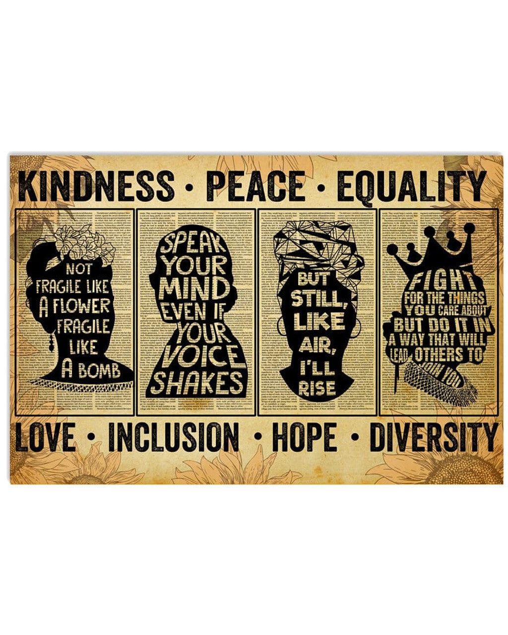 Kindness Peace Equality Love Inclusion Hope Diversity Feminists Vintage Poster and Canvas