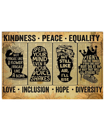 Kindness Peace Equality Love Inclusion Hope Diversity Feminists Vintage Poster and Canvas
