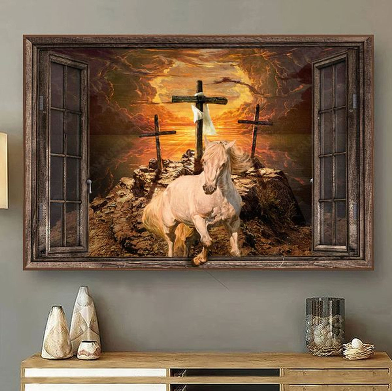 White Horse Wooden Cross White Scarf Sunset Through The Window Poster and Canvas