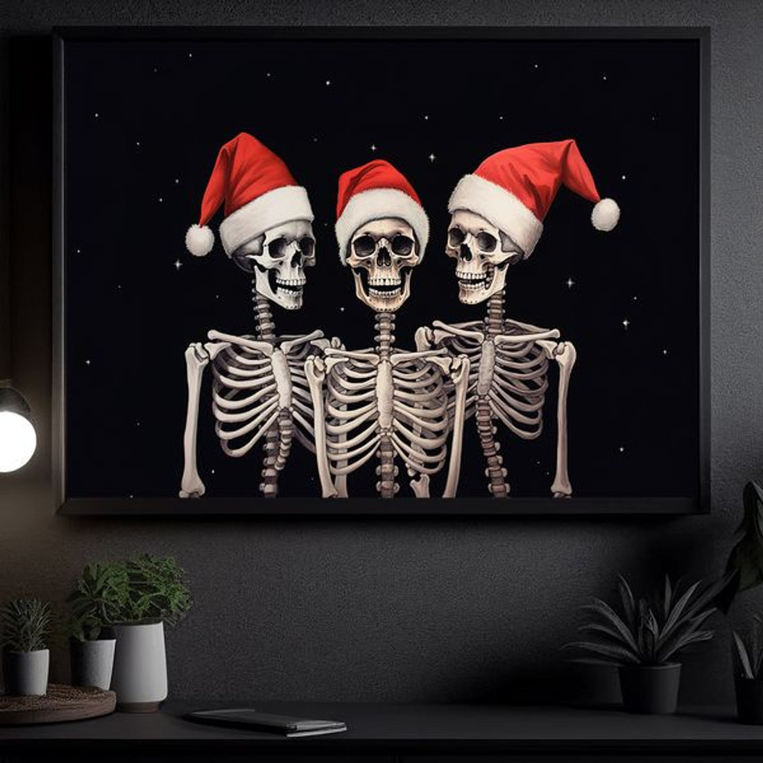 Skeletons With Christmas Hats Poster and Canvas
