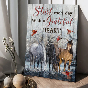 Start Each Day With A Grateful Heart Horses Cardinal Birds Winter Poster and Canvas