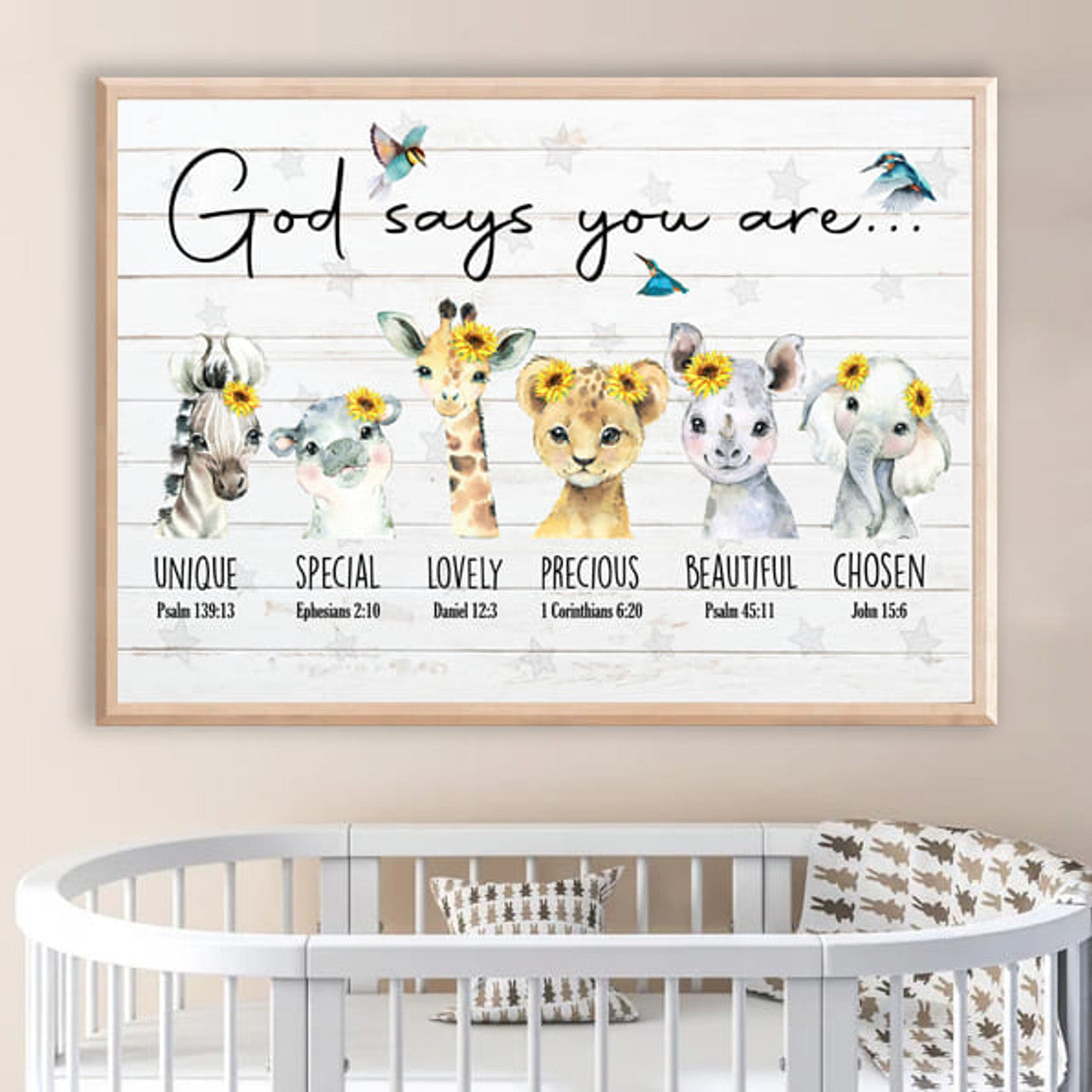 God Says You Are Unique Special Lovely Precious Beautiful Chosen Donkey Giraffe Lion Elephant Sunflowers Hummingbird Poster and Canvas