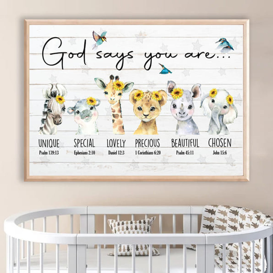 God Says You Are Unique Special Lovely Precious Beautiful Chosen Donkey Giraffe Lion Elephant Sunflowers Hummingbird Poster and Canvas