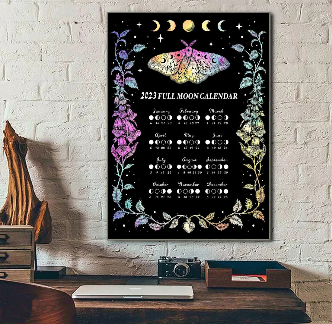 2023 Full Moon Calendar Colorful Butterfly Flowers Poster and Canvas
