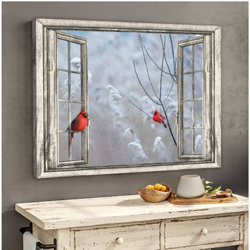 Couple Cardinal Bird Window Christmas Poster and Canvas