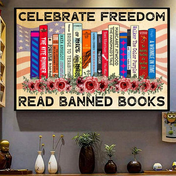 Celebrate Freedom Read Banned Books Banned Book Week Flowers American Flag Poster and Canvas