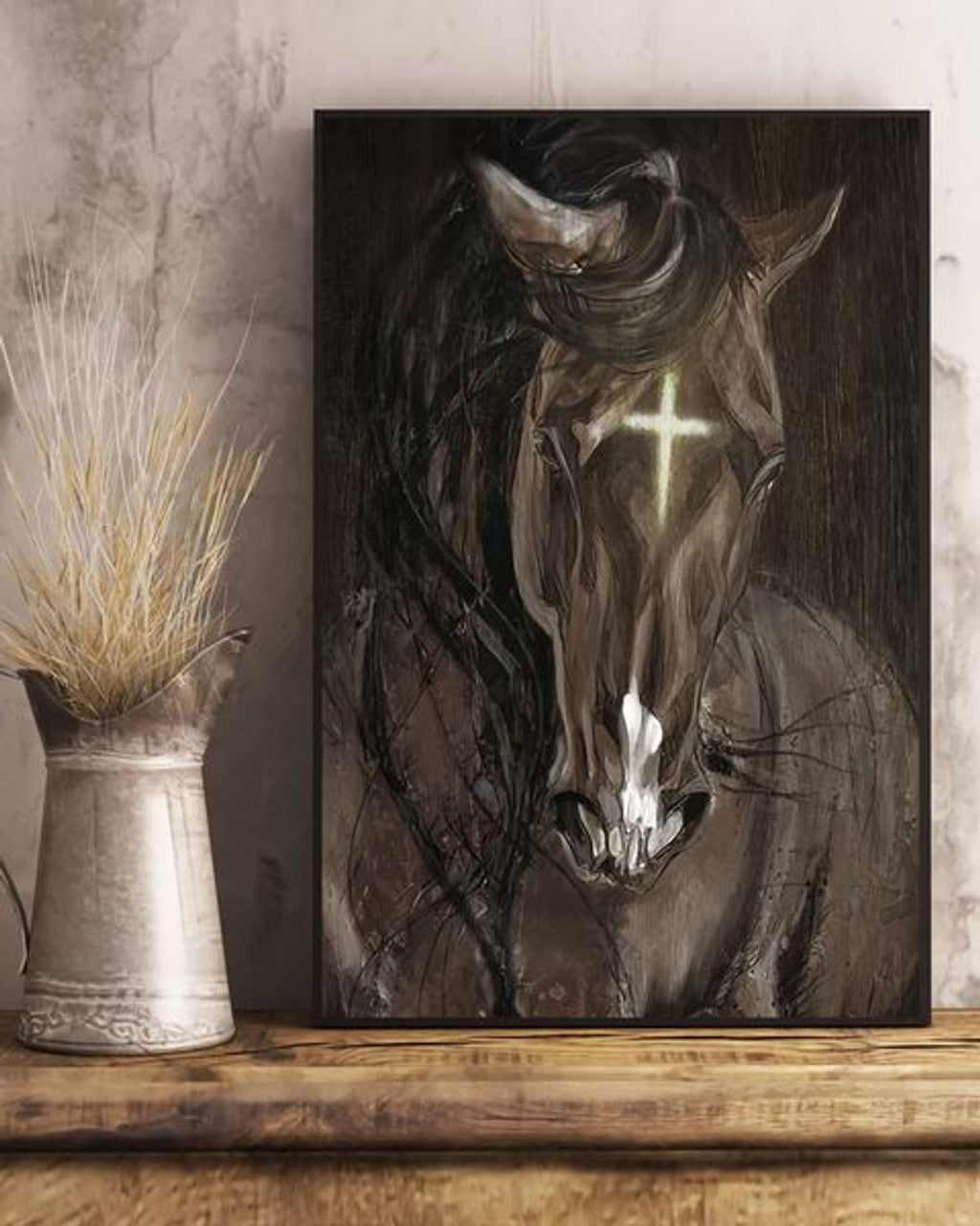 Brown Horse With Christian Cross On His Head Poster and Canvas