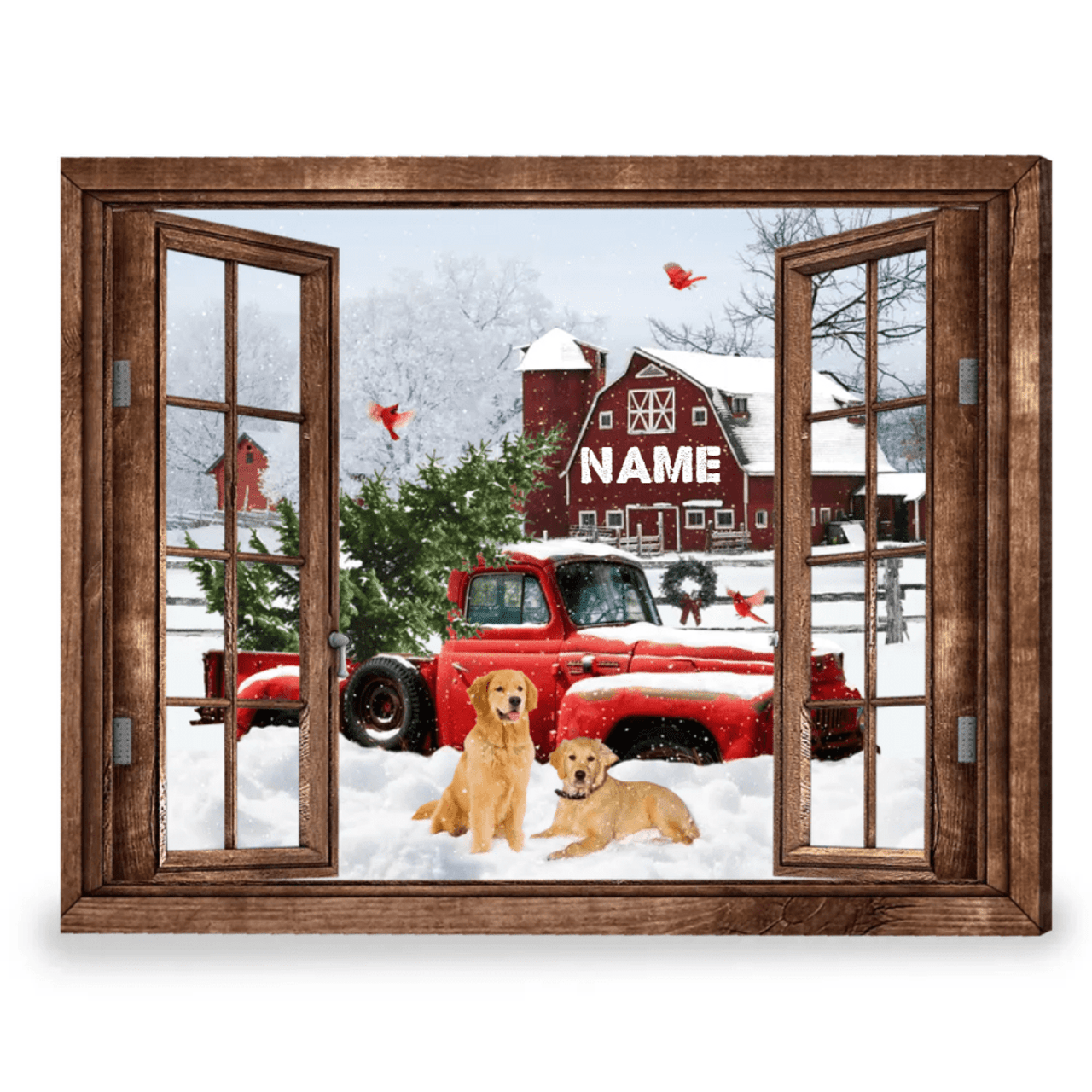 Custom Red Farm Truck Golden Dog Winter Season Window Customized Personalized Name/Number Poster and Canvas