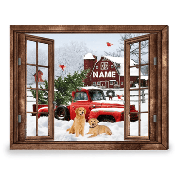Custom Red Farm Truck Golden Dog Winter Season Window Customized Personalized Name/Number Poster and Canvas