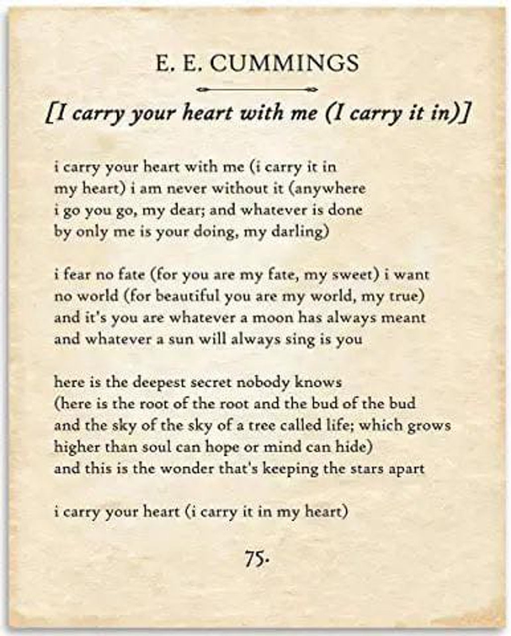 E E Cummings I Carry Your Heart With Me I Carry It In Poster and Canvas