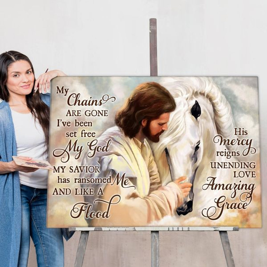 My Chains Are Gone I’ve Been Set Free My God My Savior His Mercy Reigns Unending Love Amazing Grace Jesus Hug White Horse Poster and Canvas