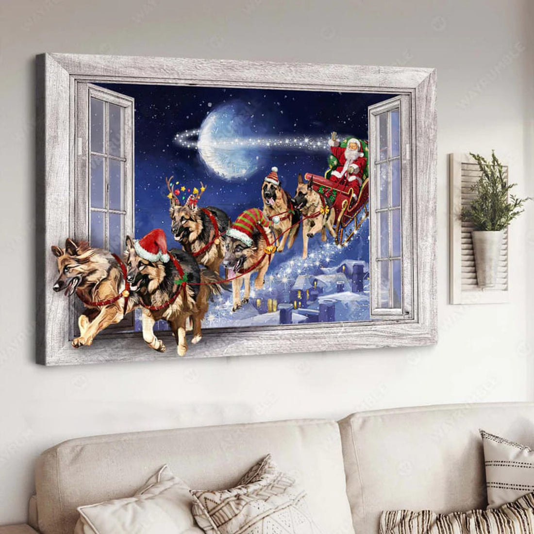Santa And Dogs Travel Through Window Poster and Canvas