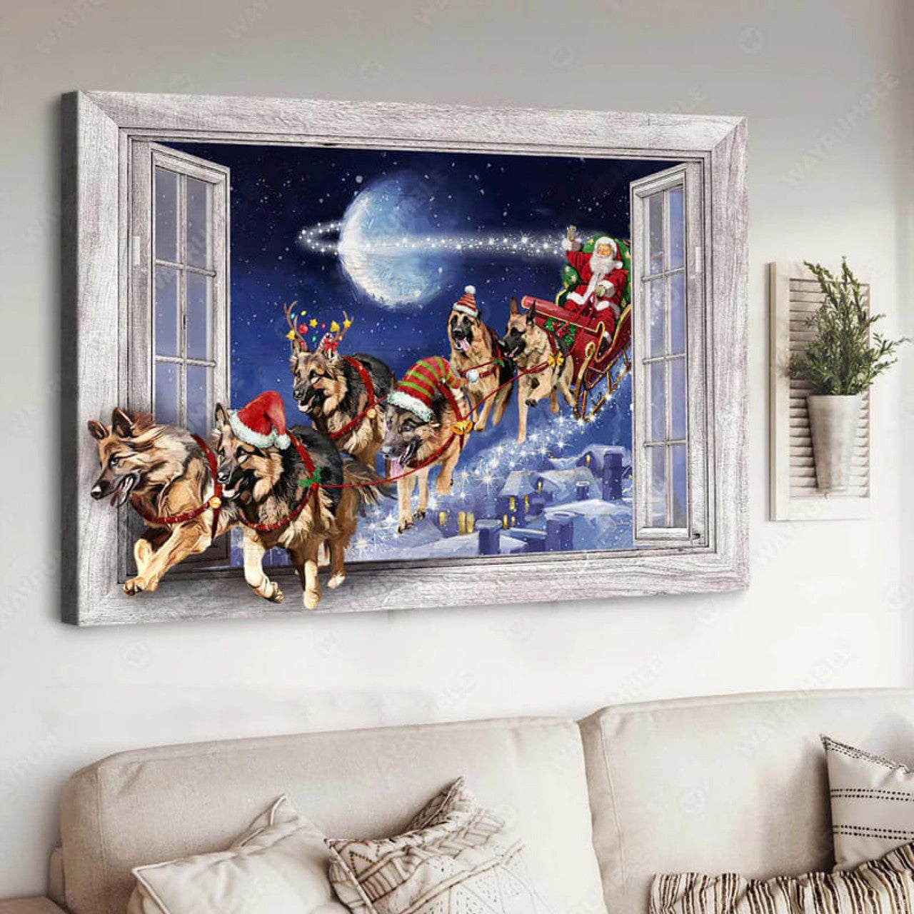 Santa And Dogs Travel Through Window Poster and Canvas