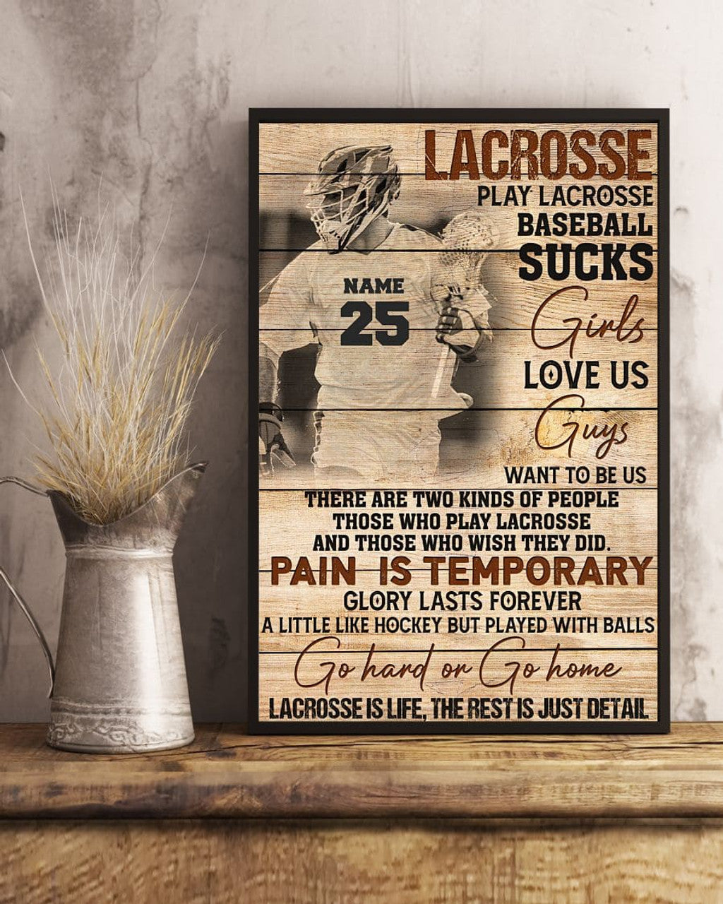 Custom Lacrosse Play Lacrosse Baseball Sucks Pain Is Temporary Glory Lasts Forever The Rest Is Just Detail Vintage Lacrosse Player Customized Personalized Name/Number Poster and Canvas