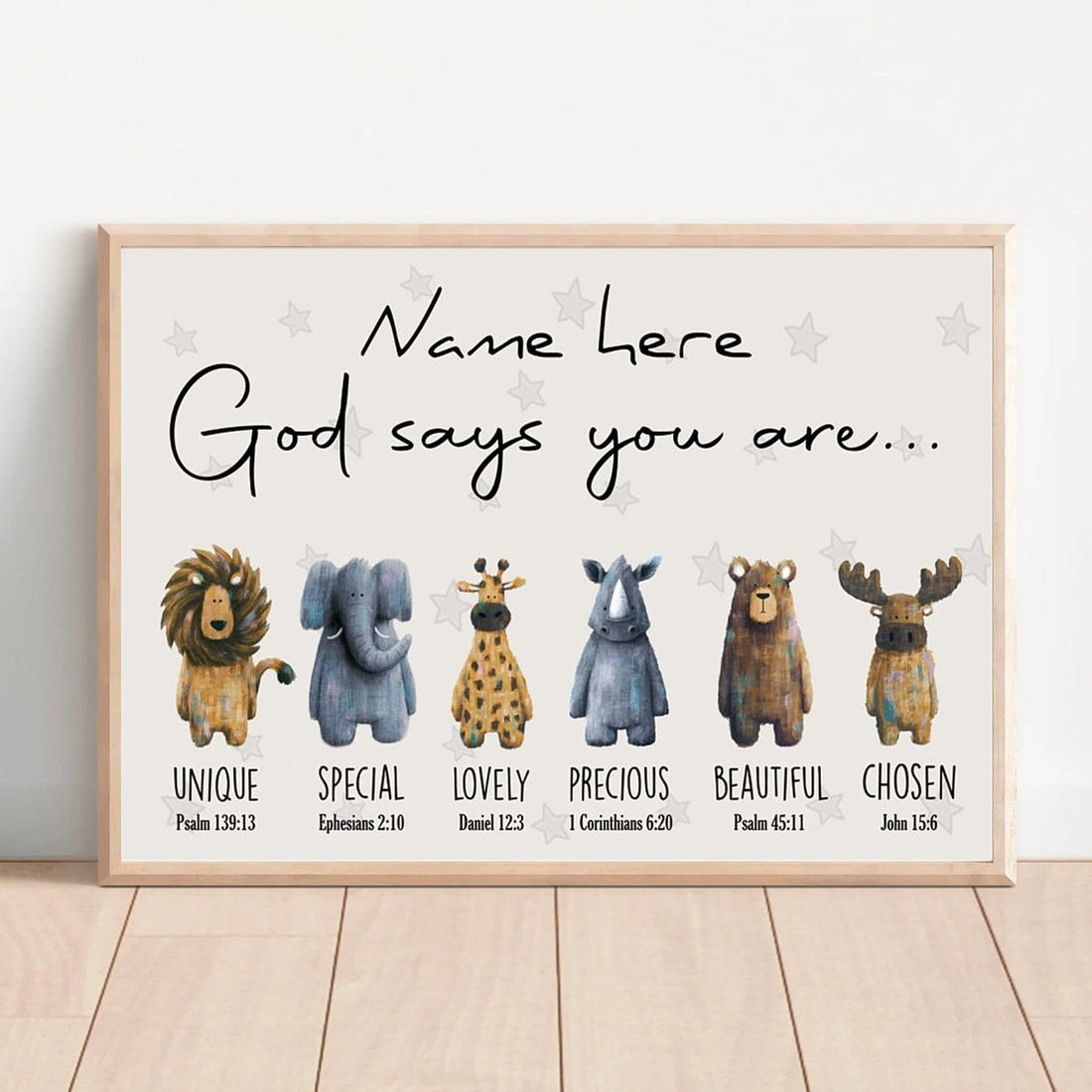 Custom God Says You Are Unique Special Lovely Precious Beautiful Chosen Cute Lion Elephant Giraffe Hippo Bear Reindeer Customized Personalized Name/Number Poster and Canvas
