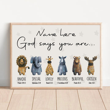 Custom God Says You Are Unique Special Lovely Precious Beautiful Chosen Cute Lion Elephant Giraffe Hippo Bear Reindeer Customized Personalized Name/Number Poster and Canvas