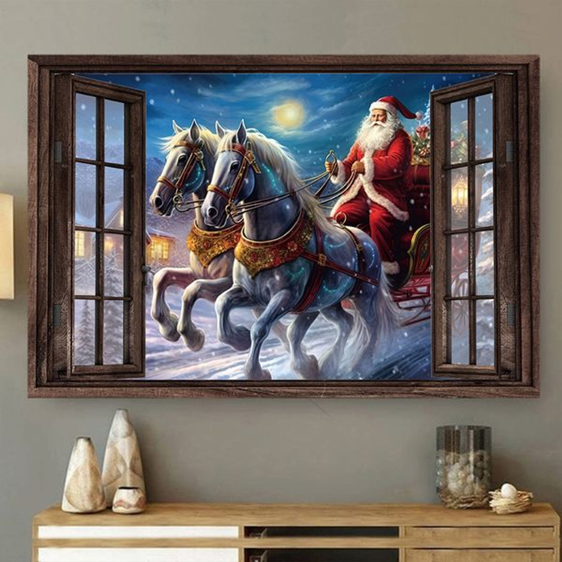 Santa Riding Horses Through The Window Christmas Poster and Canvas