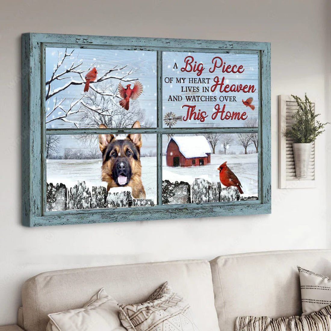 A Big Piece Of My Heart Lives In Heaven And Watches Over This Home Dog Cardinal Birds Winter Season Window Poster and Canvas
