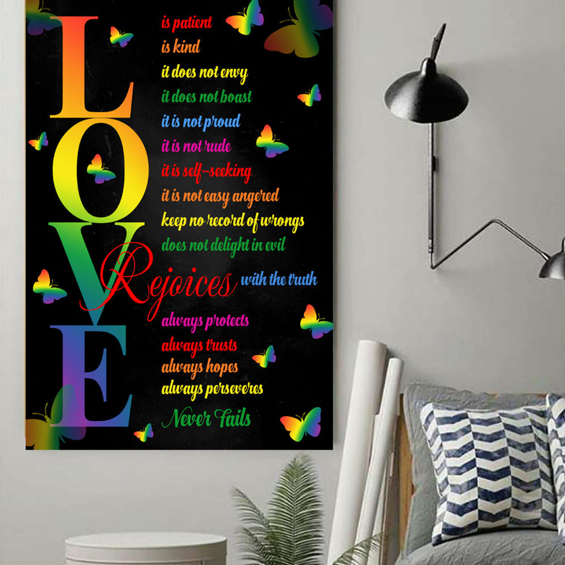 Love Is Patient Kind Does Not Envy Rejoices With The Truth Always Protects Trusts Hopes Never Fails Butterfly Lgbt Poster and Canvas