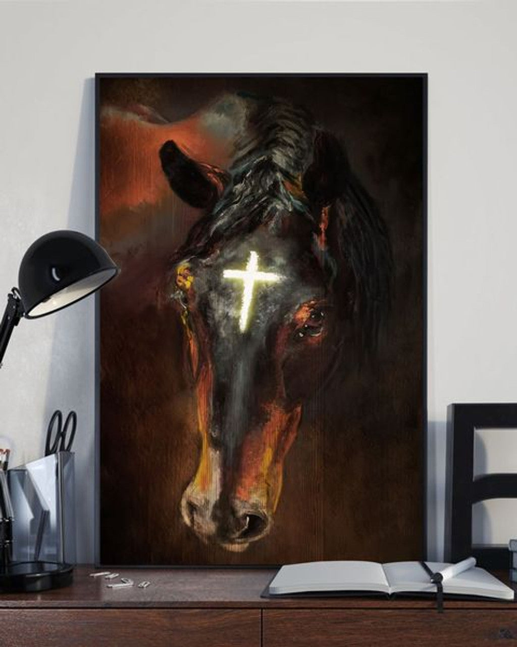 Black Horse With Christian Cross On His Head  Poster and Canvas