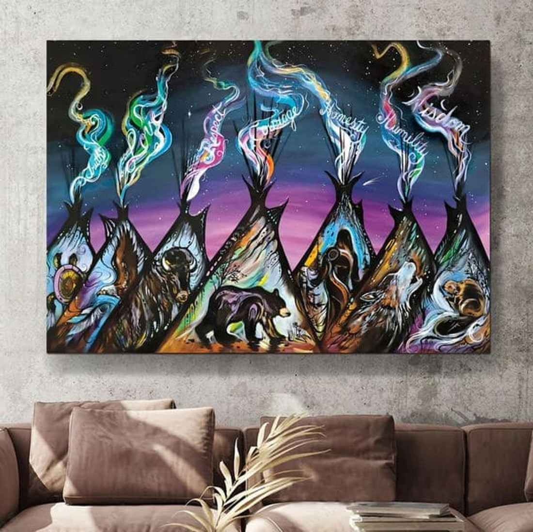 Truth Love Respect Courage Honesty Humility Wisdom Turtle Eagle Buffalo Bear Wolf Squirrel Colorful Tents Night Sky Poster and Canvas