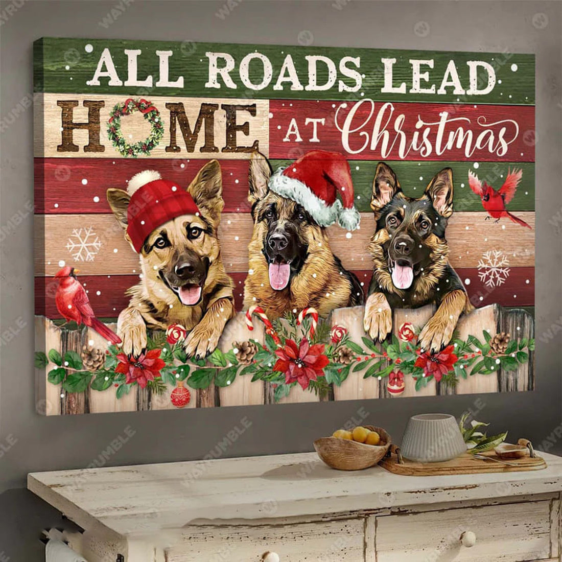 All Roads Lead Home At Christmas Golden Dogs Cardinal Birds  Poster and Canvas