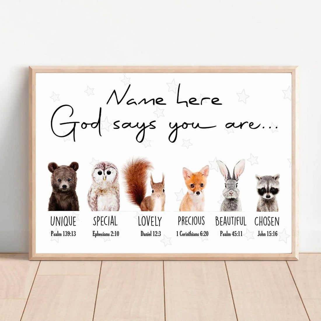 Custom God Says You Are Unique Special Lovely Precious Beautiful Chosen Owl Bear Squirrel Fox Rabbit Raccoon Customized Personalized Name/Number Poster and Canvas