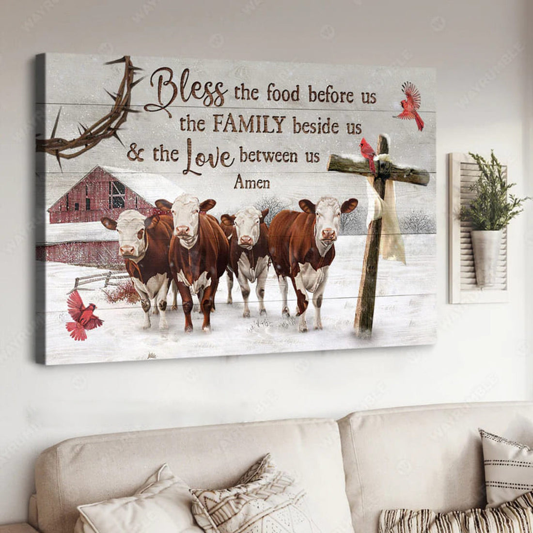 Bless The Food Before Us The Family Beside Us And The Love Between Us Amen Wooden Cross Cardinal Birds Cows Farmhouse Winter Poster and Canvas