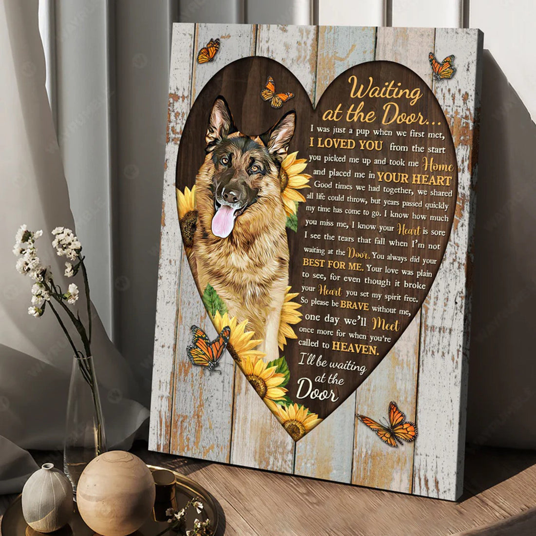 Waiting At The Door Dog Butterfly Sunflowers Poster and Canvas